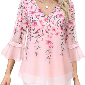 Womens Dressy Casual Tops Ruffle 3/4 Sleeve V Neck Floral Chiffon Blouses